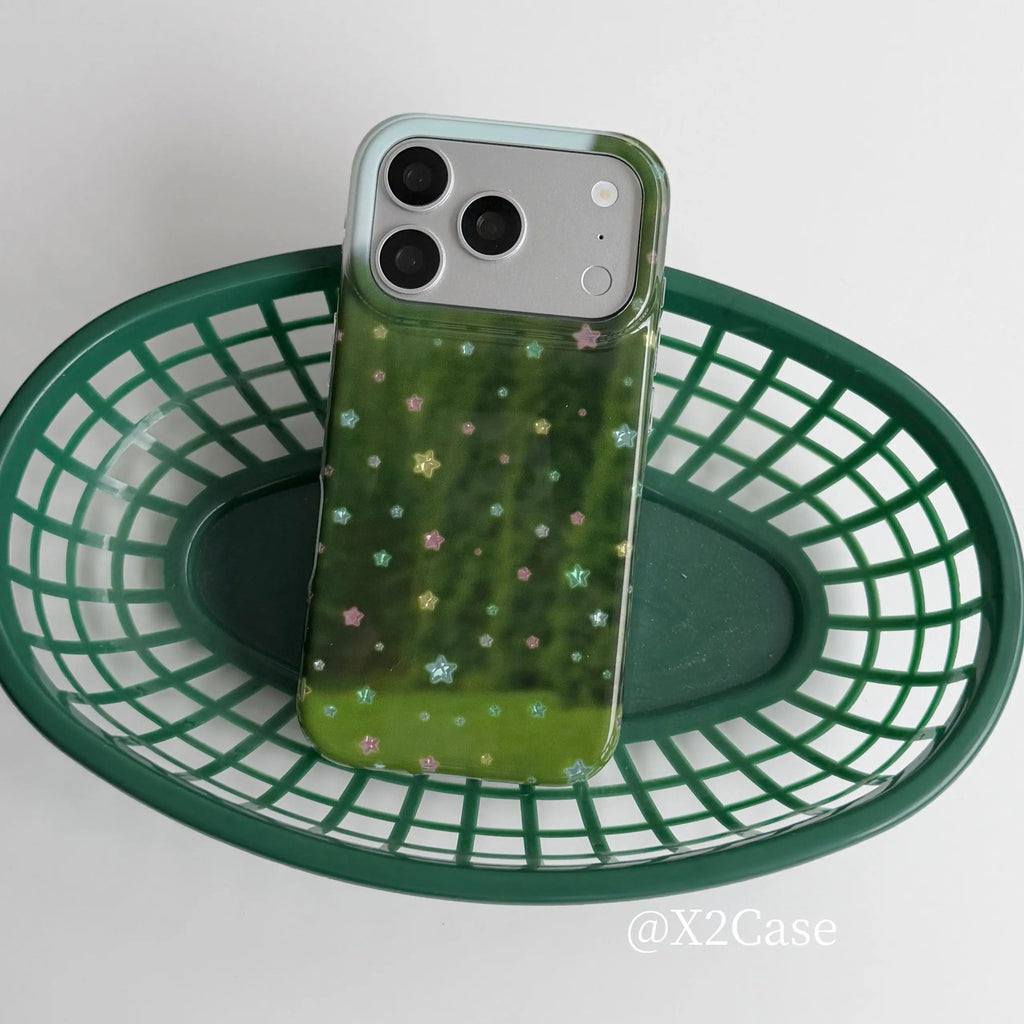 Green Background Colorful Stars Phone Case For iPhone 17 Air 16 15 14 13 12 11 Pro Max Plus Y2K Anti Fall Cover Ins Advanced