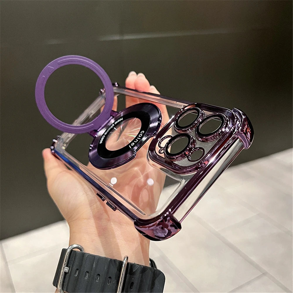 Luxury Plating Clear Magnetic Bracket For Magsafe Case For iPhone 16 15 14 13 12 11 Pro Max With Holder Stand Shockproof Cover