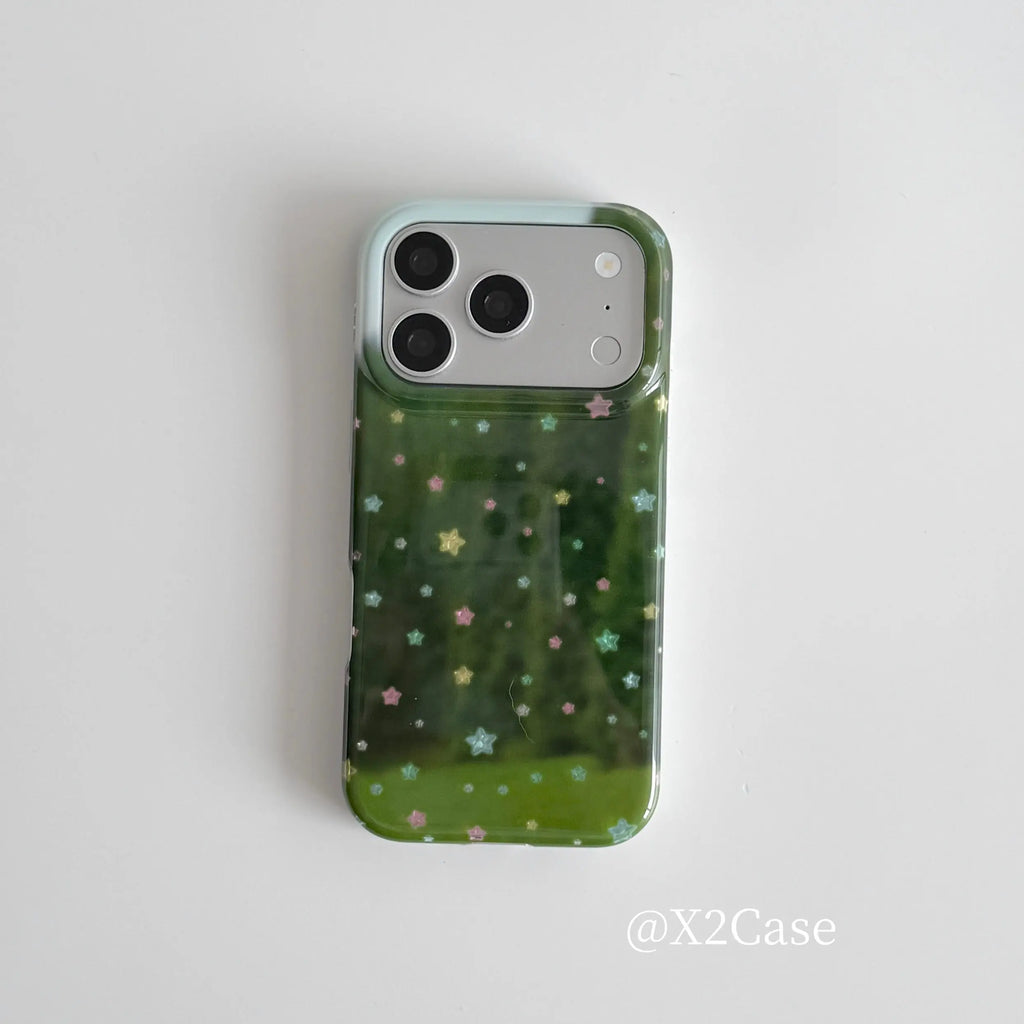 Green Background Colorful Stars Phone Case For iPhone 17 Air 16 15 14 13 12 11 Pro Max Plus Y2K Anti Fall Cover Ins Advanced
