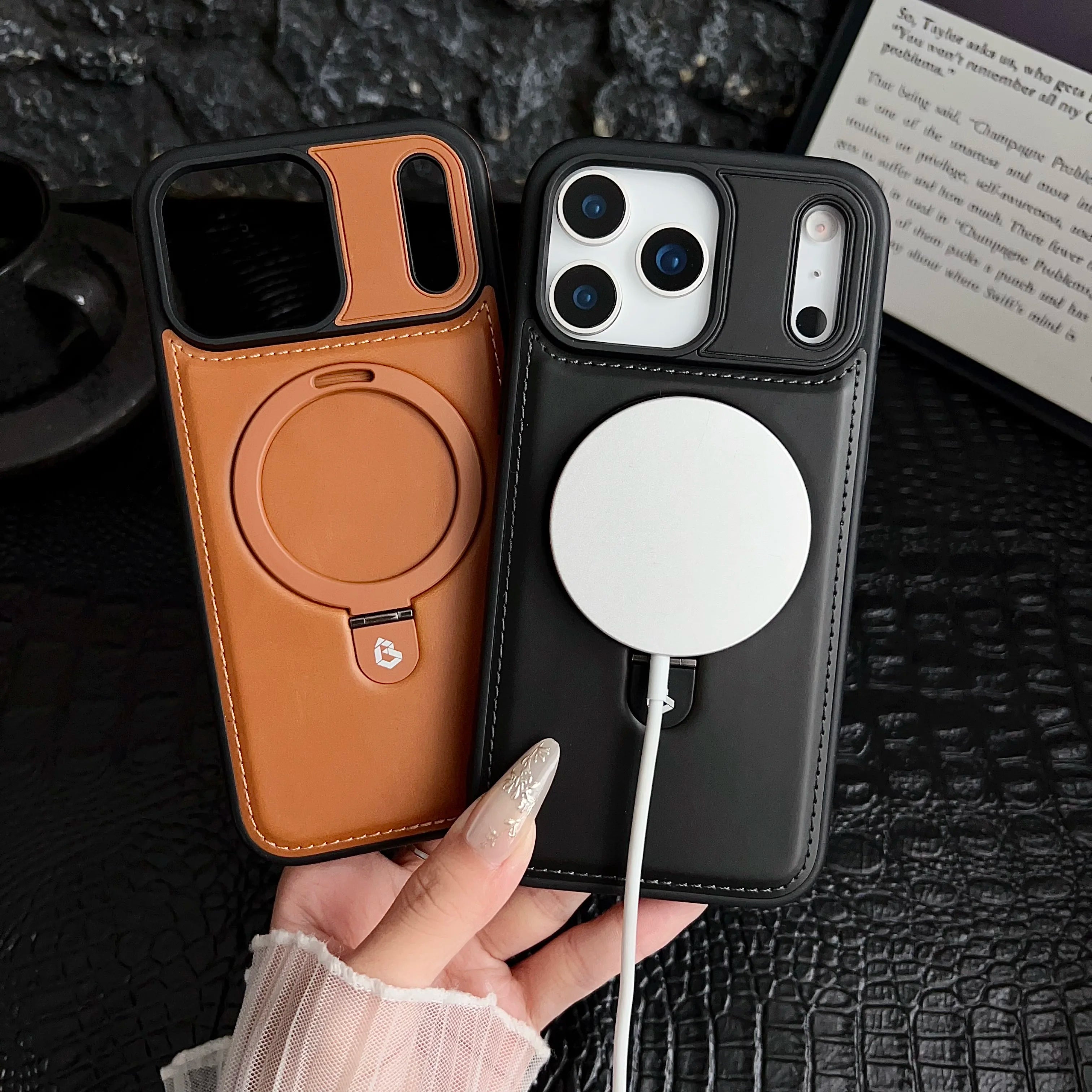 Luxury Magnetic Bracket Ring PU Leather Phone Case, For IPhone 17 16 15 Pro Max Air Magsafe Wireless Charging Hollow Logo Cover