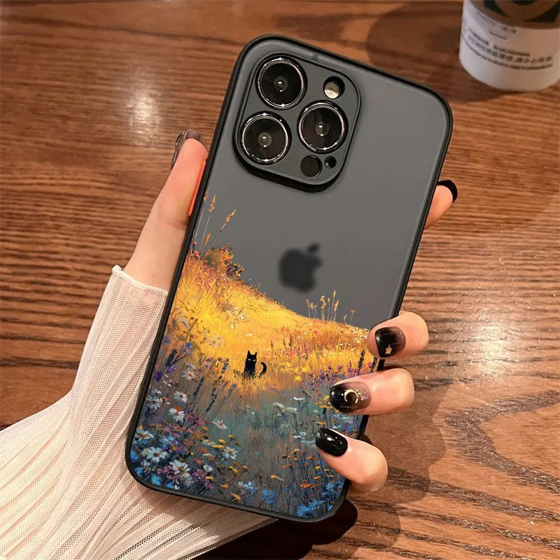 Anime Landscape Painting Cute Cat Phone Case For iPhone 17 16 15 14 Pro Max Plus 11 12 13 Mini Pro Max Shockproof Back Covers