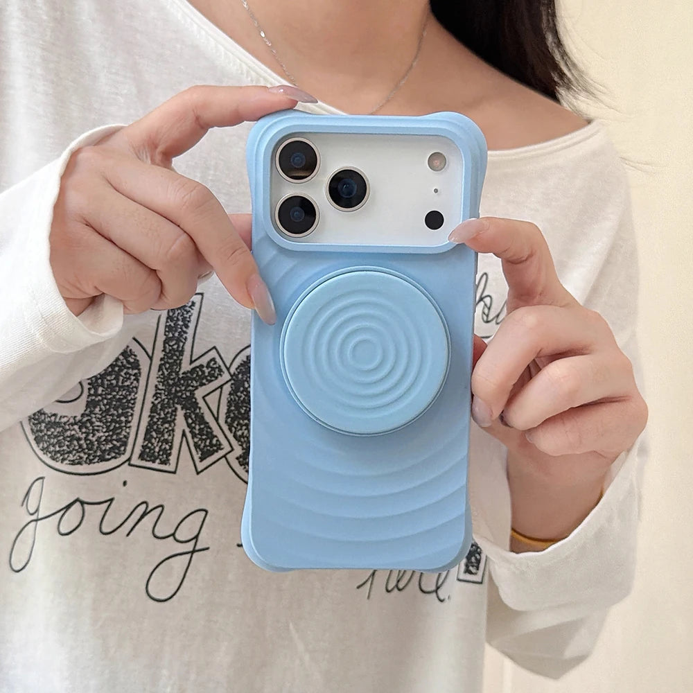 Luxury Silicone Ripple Case For iPhone 17 Air With Hidden Holder For iPhone 17 16 15 14 Pro Max Plus Shockproof Stand Back Cover