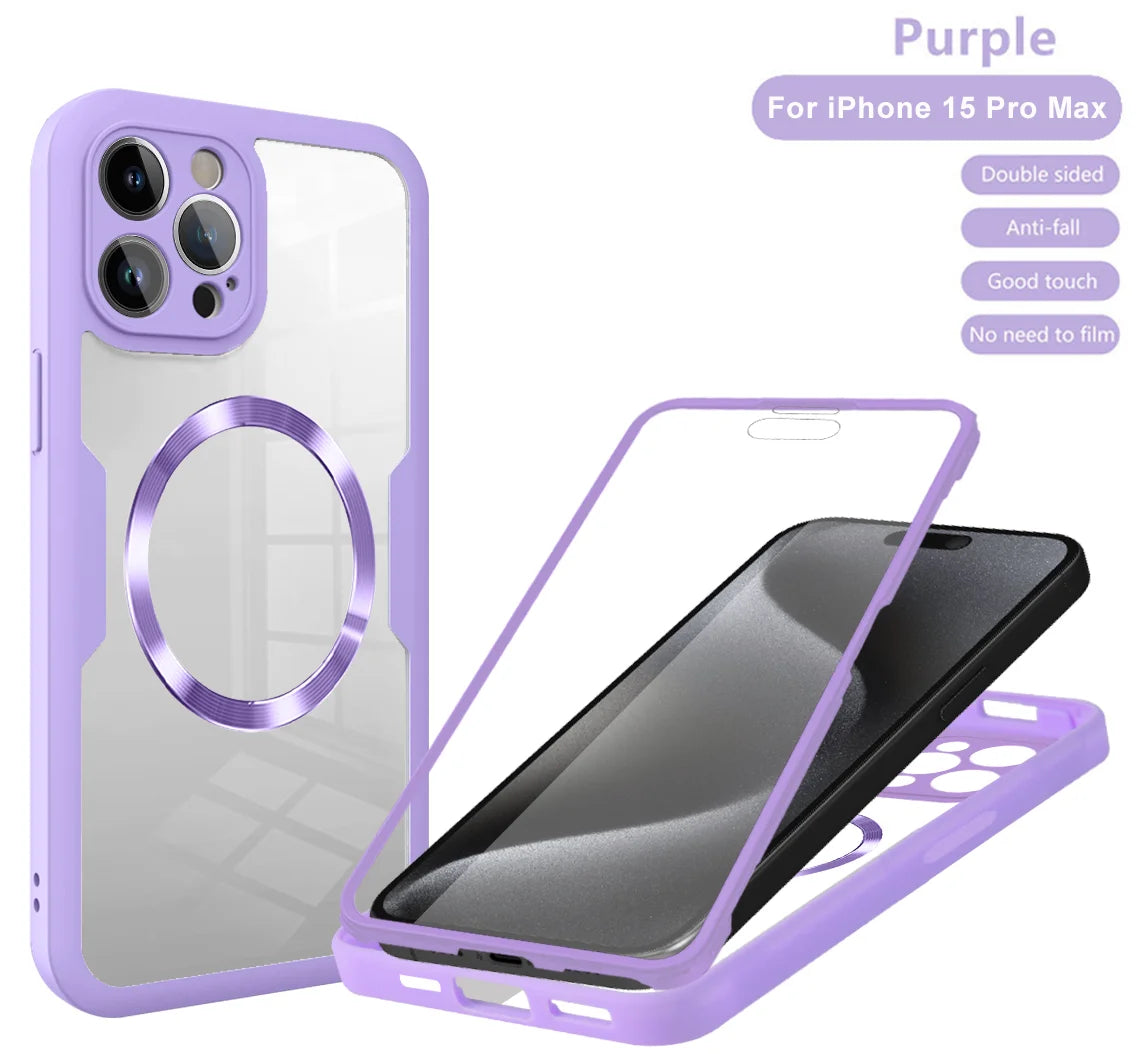 360 Double Sided Full Protection Magnetic Phone Case For iPhone 15 14 12 13 11 Pro Max 16 Plus with Screen Protector Clear Cover