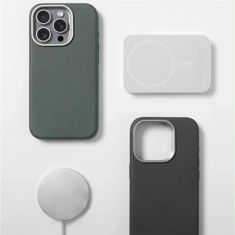 Luxury Diamonds Texture For Magsafe Leather Case For iPhone 17 13 14 15 16 Pro Max Alloy Len Wireless Charge Back Cover