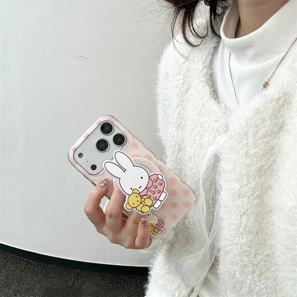 Korean Polka Dot Miffy Rabbit Magnetic Phone case for iPhone 17 15 14 13 16 Pro 17 Pro Max Cases With Magsafe Holder Cute Cover