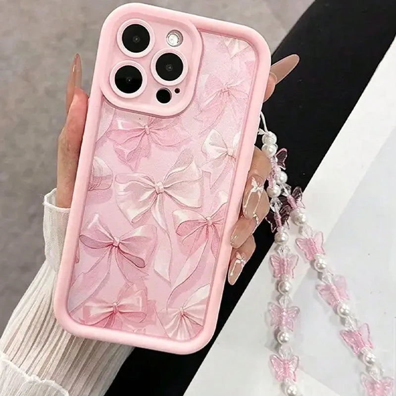 Luxury Pink Bowknot Pattern Phone Case For iPhone 17 Air 16 15 14 13 12 11 Pro Max 16E 7 8 Plus With Lanyard Lanyard Rope Cover