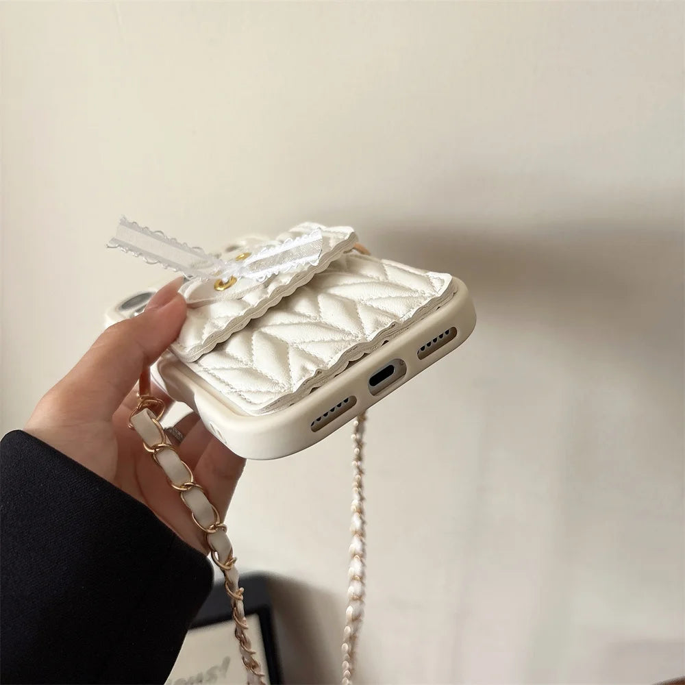 Crossbody Necklace Strap Metal Leather Lanyard Phone Case For iPhone 17 16 15 14 13 12 11 Pro Max Air 7 8 Plus XS Wallet Cover