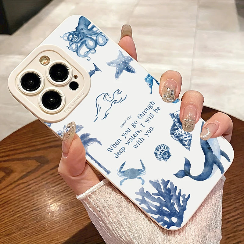 For iPhone 17 16 15 14 13 12 11 Pro Max XS XR 8 7 Plus 16e 17e Air Sea Turtles Sharks Whales Ocean Life Design Phone Case Cover