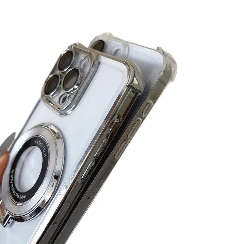 Fashion Plating Kickstand Case for iPhone 17 16 15 14 13 12 11 Pro Max With Holder Stand Shockproof Bracket Cover for Magsafe