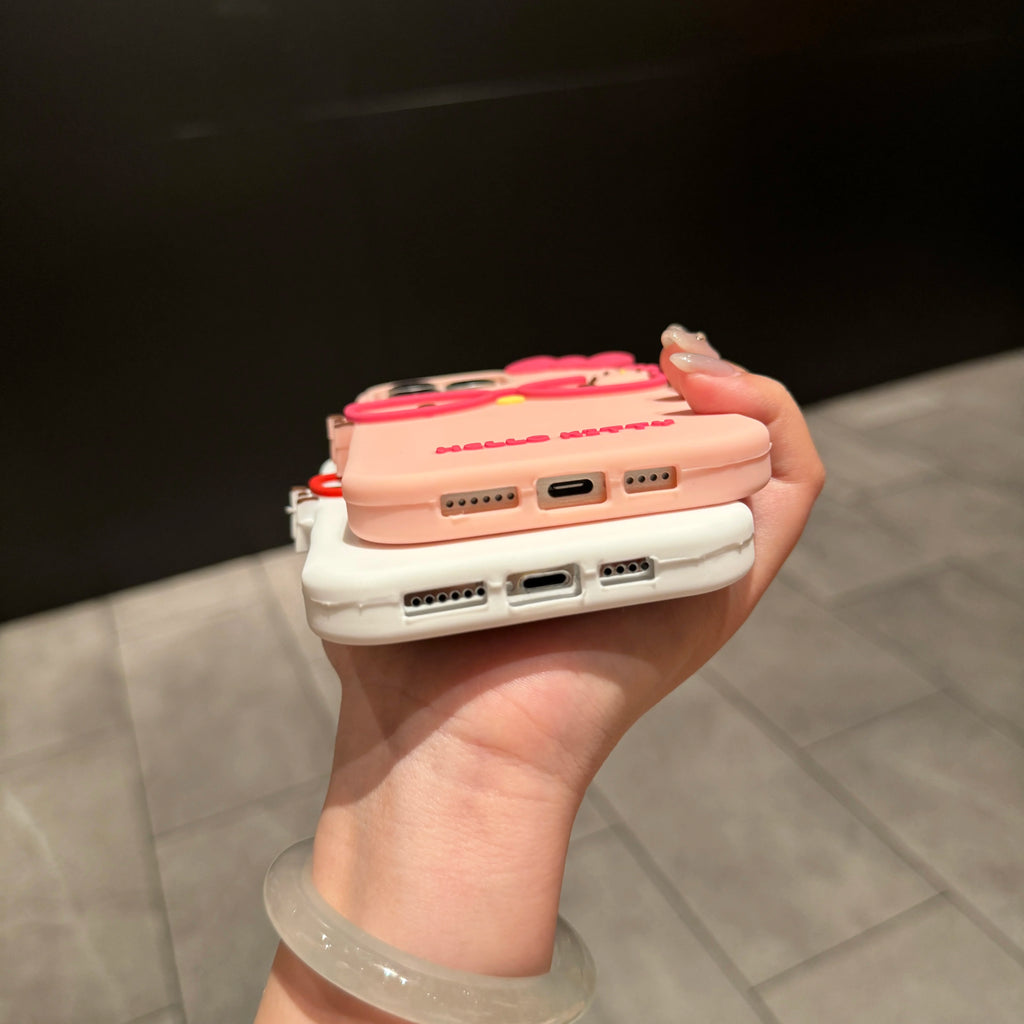 Sanrio 3D Cartoon Glasses Hello Kitty Phone Case For iPhone 17 16 15 14 11 13 12 Pro Max Cute Phone Case Soft Silicone Cover