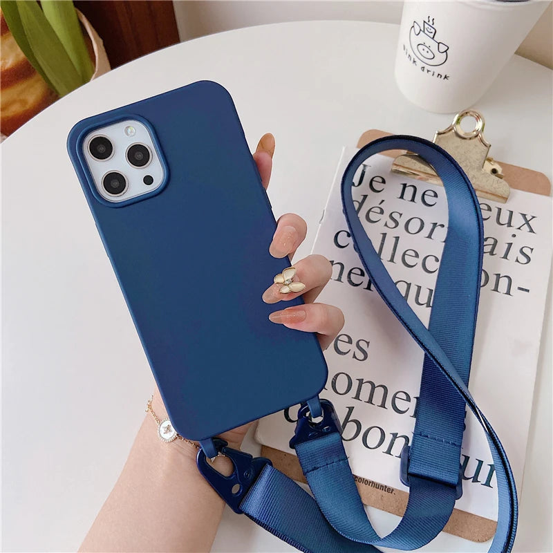 Crossbody Lanyard Matte Silicone Soft Case For iPhone 15 Pro Max 14 13 12 11 XR XS X 7 8 Plus Necklace Strap Shockproof Cover