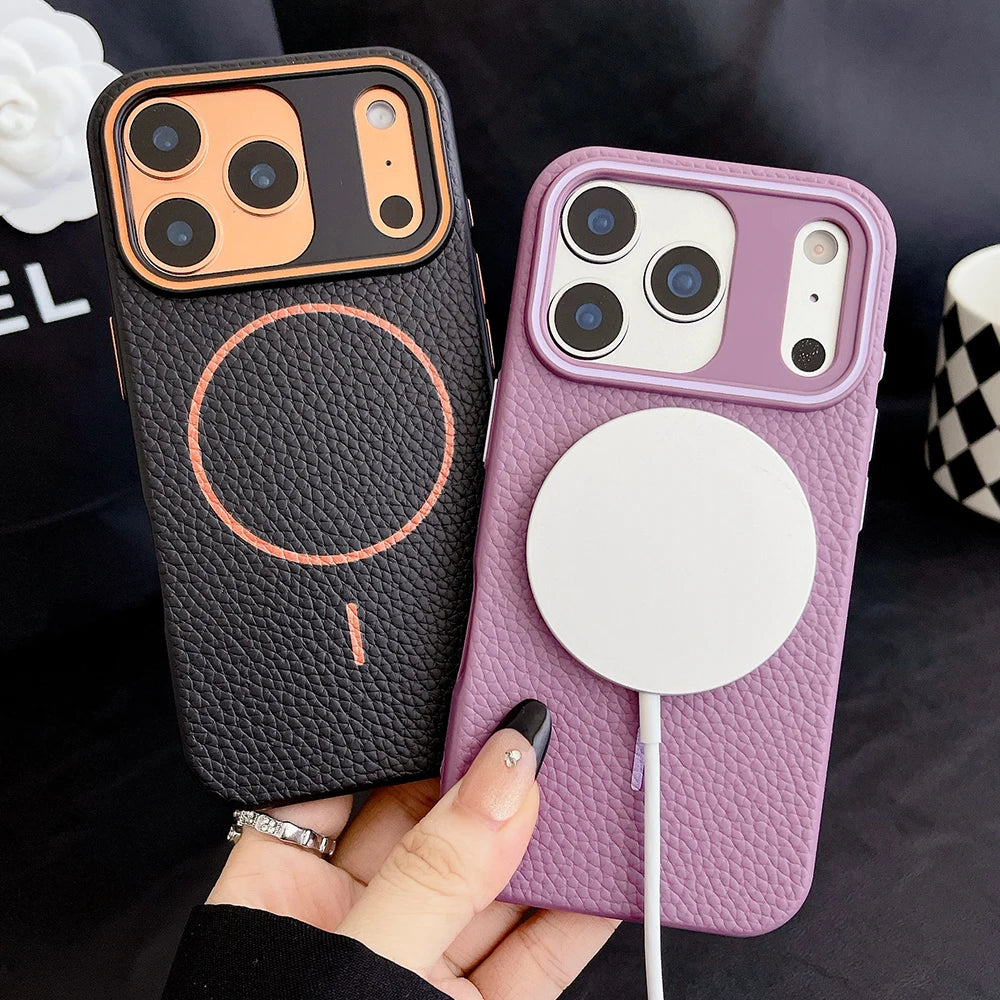 Titanium gray lychee pattern leather magnetic phone case for iphone 17 16 15 14 13 12 11 Pro Max Air magsafe charging soft cover