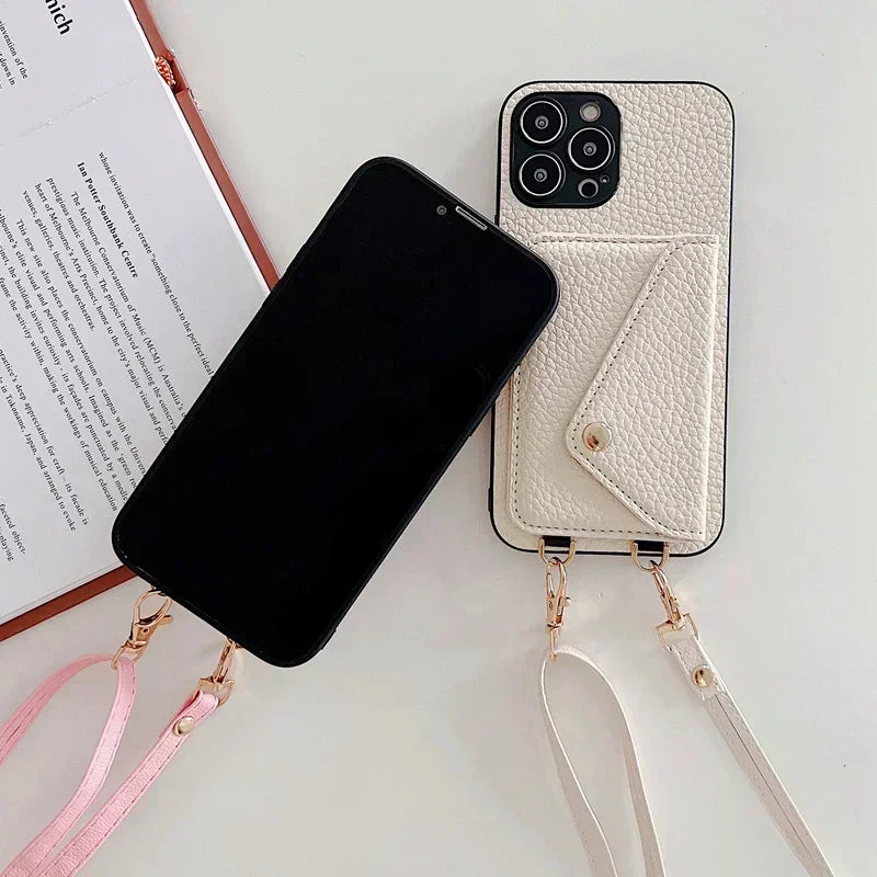 Lanyard Crossbody Strap Leather Phone Case for iPhone 17 Air 16 15 Plus 14 13 12 11 Pro Max  Wallet with Card Holder Cover