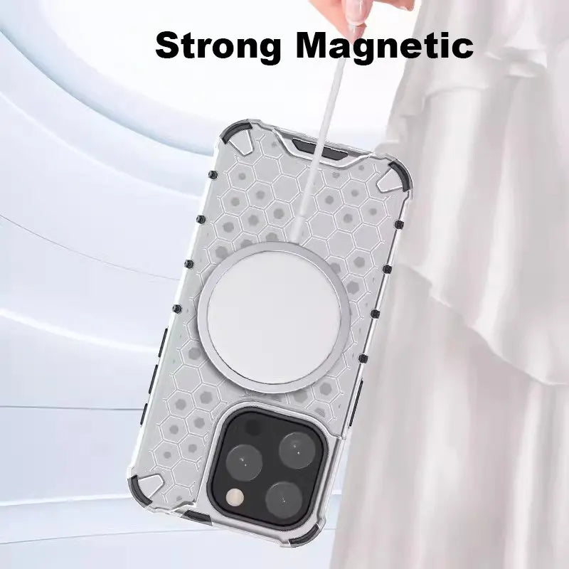 Magnetic Case for iPhone 16 15 14 13 12 11 Pro Max Plus Crystal Honeycomb Cover for Magsafe Shockproof Air-cushion Soft Shell