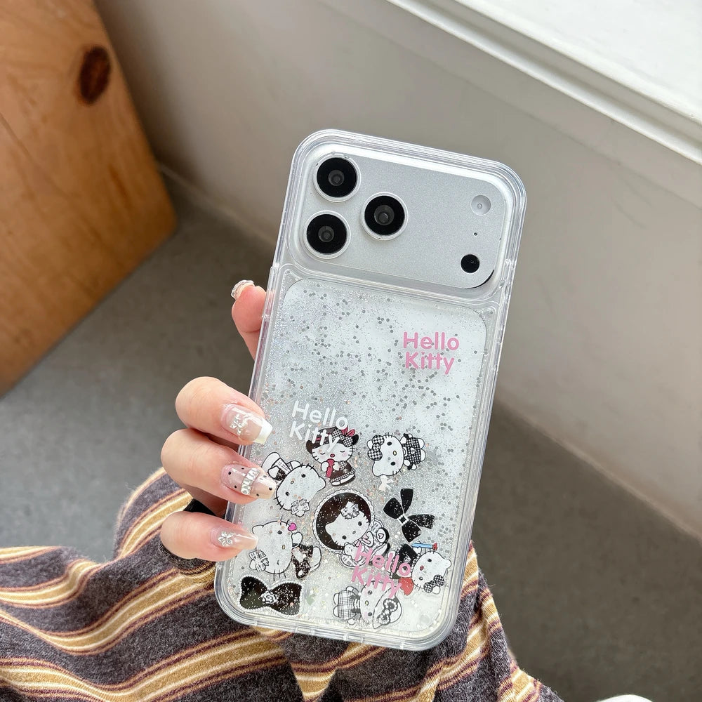 Cute Cartoon Sanrio Hello Kitty Bling Glitter Liquid Quicksand Phone Case For iPhone 17 16 15 14 13 Pro Max Clear Hard Cover