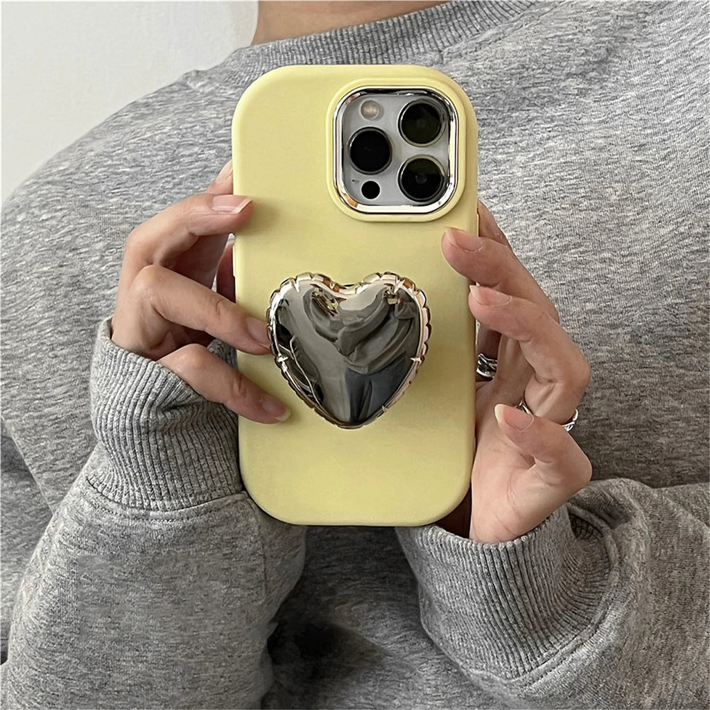 Senior Luxury Exquisite Yellow Phone Case with Bright Love Heart Bracket for iPhone 17 16 15 14 13 Pro Max Back Cover