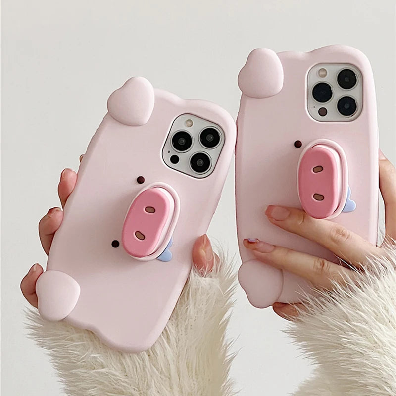 Fun 3D Pink Saliva Pig Nose Invisible Bracket Case For iPhone 13 14 15 16 17 Pro Max Cute Creative Holder Stand Shockproof Cover