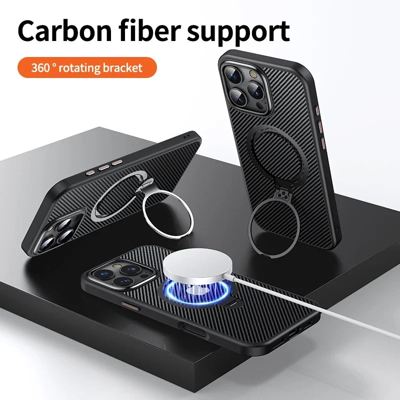 360° Ring Holder Carbon fiber Magnetic phone Case for iPhone 12 13 15 14 16 Pro max Wireless Charging Stand Suitable Phone Cover
