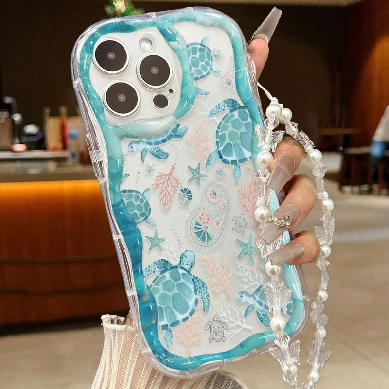 Sea Turtle Underwater World Wave-Shaped Phone Case For iPhone 17 16 15 14 13 12 11 Pro Max 16E 17E Bowknot Lanyard Clear Cover