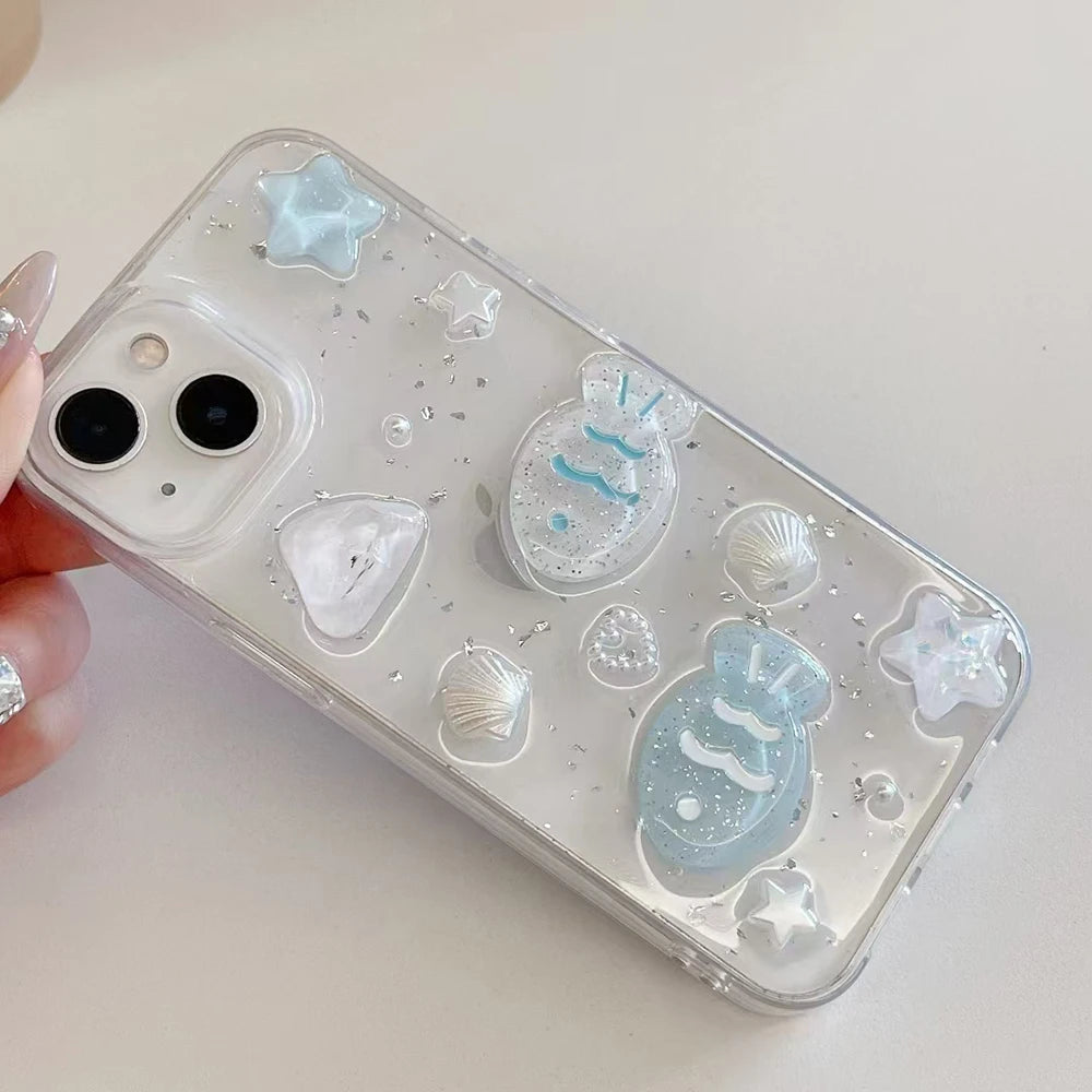 Cute 3D shell fish Phone Case For iPhone 17 16 15 14 13 12 11 Pro Max Silver foil Transparent Shockproof Soft Silicone Cover