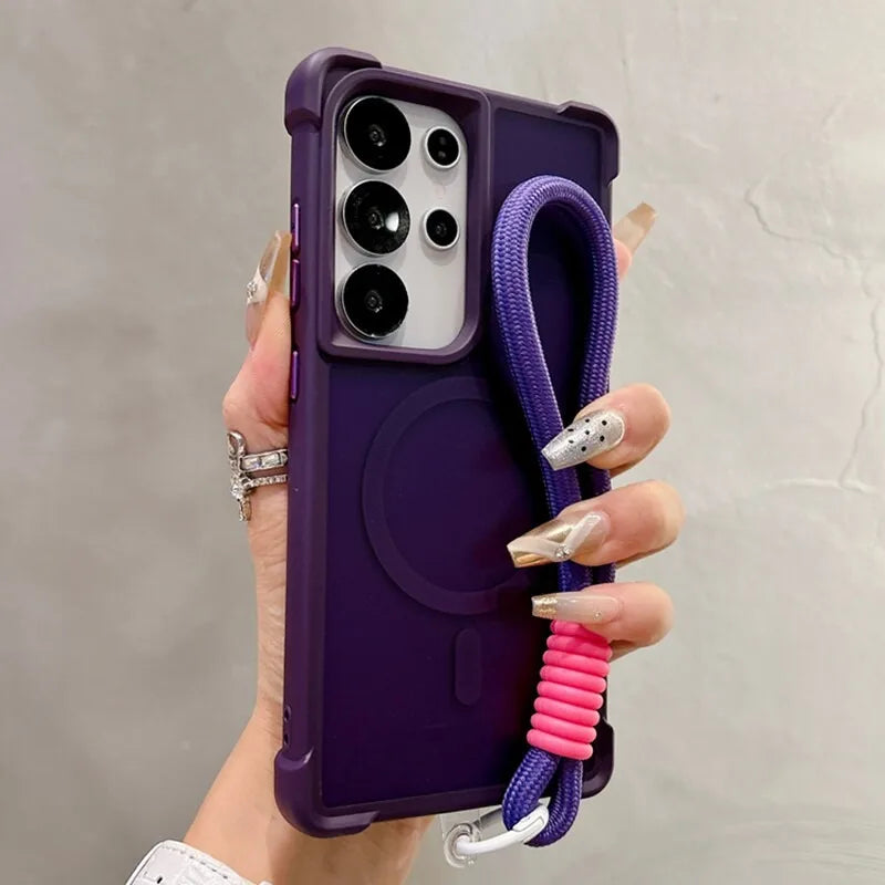 for Magsafe Airbag Protection Magnetic Case For Samsung Galaxy S23 S24 S25 S26 Ultra Plus Wrist Strap Lanyard Translucent Cover