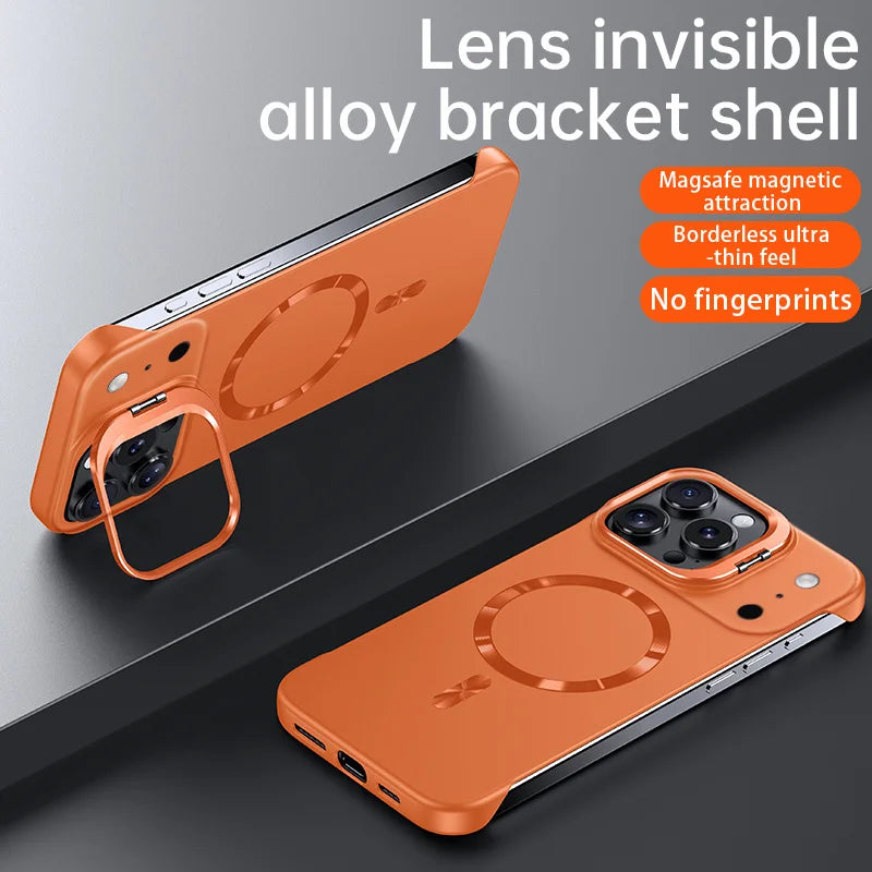 Lens Holder Frameless Magnetic Case For iPhone 17 16 15 14 Pro Max Air 13 For Magsafe Solid Color Ultra Thin Skin Feel PC Cover