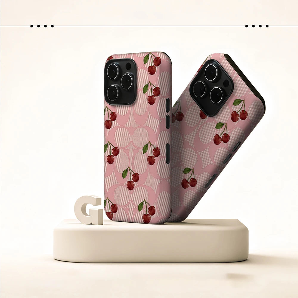 Fashionable Pink Mesh Cherry Phone Case for iPhone 17 16e 16 15 14 13 12 11 7 8 Air Pro Max Plus Luxury Double-layer Back Cover