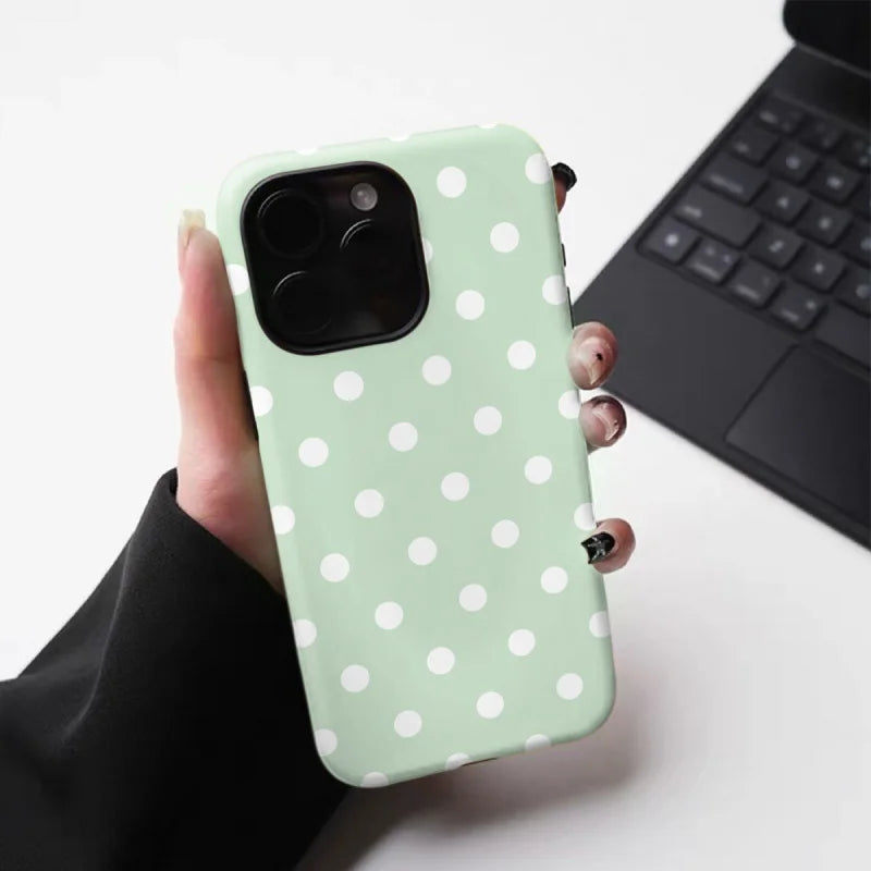 Fresh green polka dots ﻿Phone Case suitable for iPhone 17 16ProMax 15 14 14 12mini 7Plus XR 2in1 tough glossy case