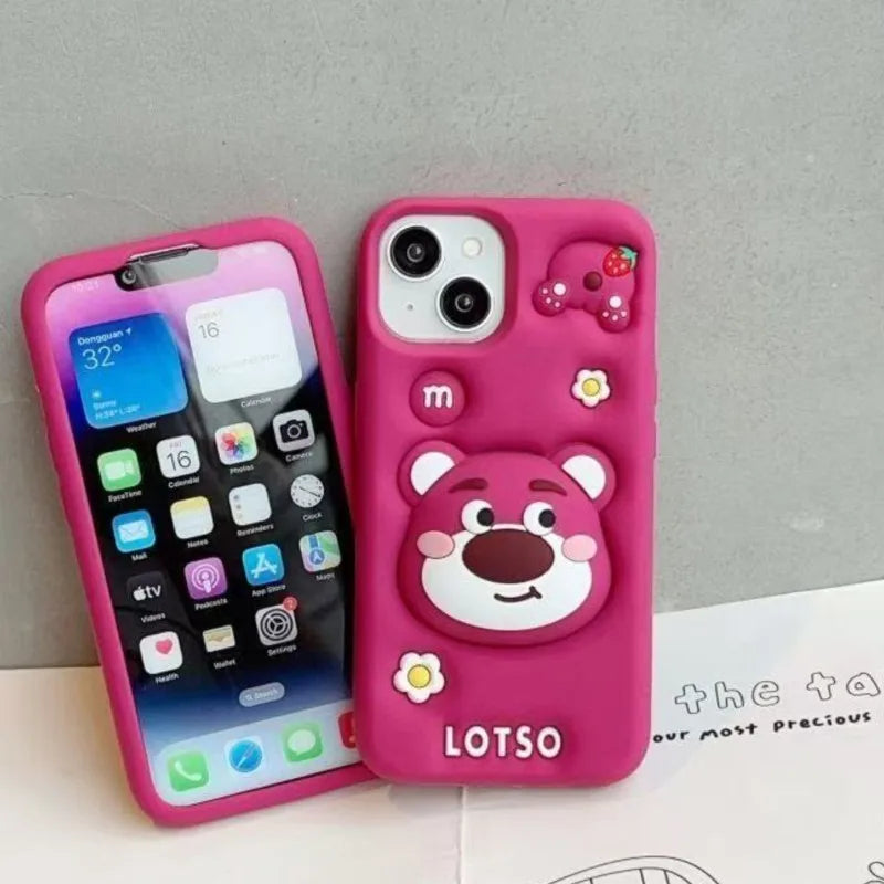 Cartoon lotso Bear Cute Soft Silicone Case For iphone 17 16 15 14 13 12 11 Pro Max XSMAX XR 6 7 8 Plus With Stand Holder Cover