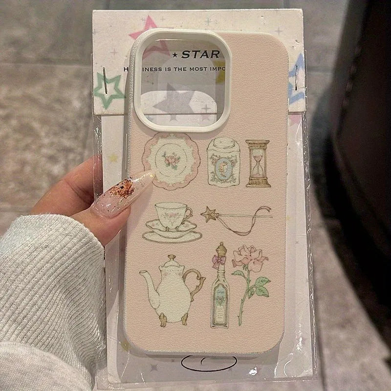 A Pink Teacup Collage Pattern Litchi-Textured Phone Case, Suitable for iPhone 17, 16, 15, Plus, Pro, Max Series Phones—Can Be Used as a Gift