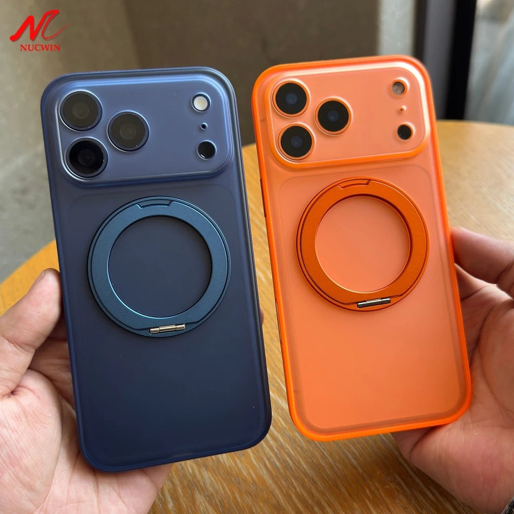 360° Rotation Metal Bracket PU Leather Bumper Case For iPhone 17 16 Pro Max 17Pro 16Pro for Magsafe Ultra Thin PC Frosted Cover