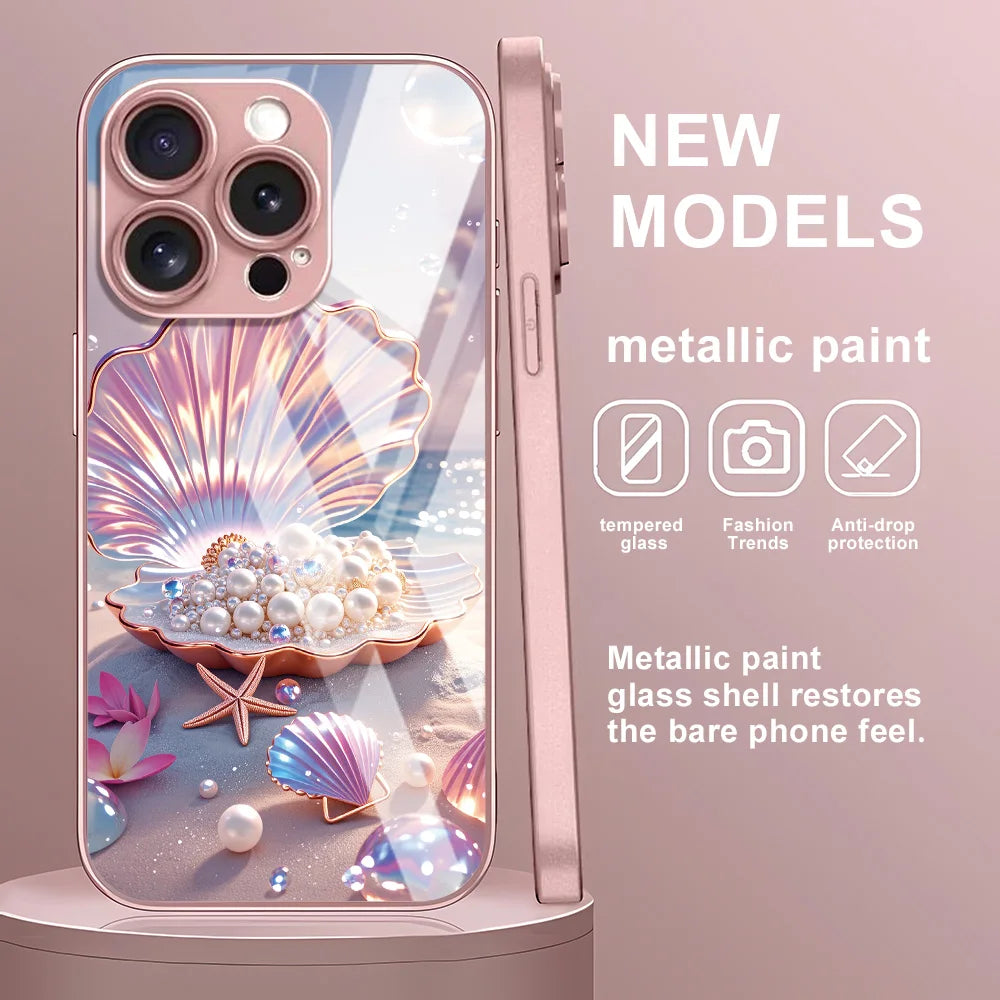 Colored Seashells Tempered Glass Phone Case For iPhone 17 Pro 16 15 17 13 Pro Max 12 11 13 14 Case Cover Shockproof Luxury Pearl