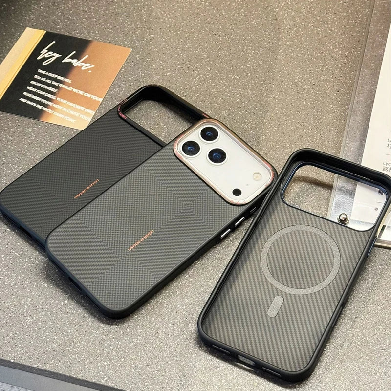Carbon Fiber Texture for MagSafe Phone Case for iPhone 17 17Pro Max 16 15 14 Magnetic Alloy Lens Wireless Charging Frosted Cover