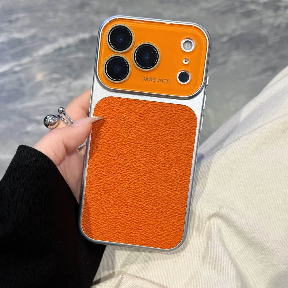 Luxury New Solid Color Leather Texture Phone Case For iPhone 17 16 15 14 Pro Max 13 Bumper Crystal Large Window Shockproof Cover