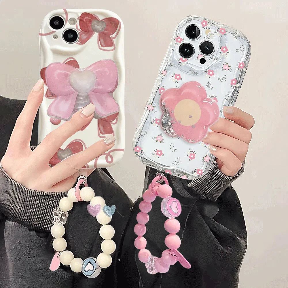 Flower Bow Chain Holder Phone Case For Samsung Galaxy S25 Ultra S24 S23 S22 S21 Ultra Plus S24 FE A55 A06 A35 A12 Casing Floral