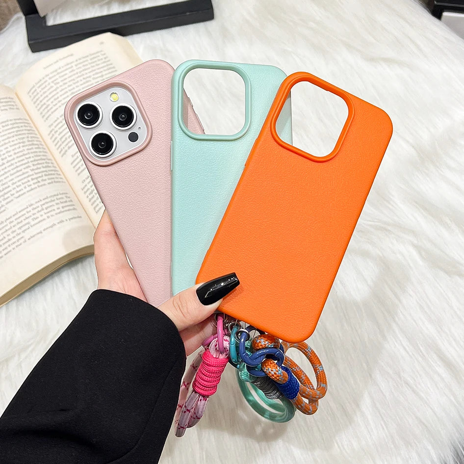 Cute Candy Leather Texture With Wrist Strap Case For iPhone 17 Air 16 15 14 11 12 13 16 Pro Max 16 Plus Solid Color Soft Cover