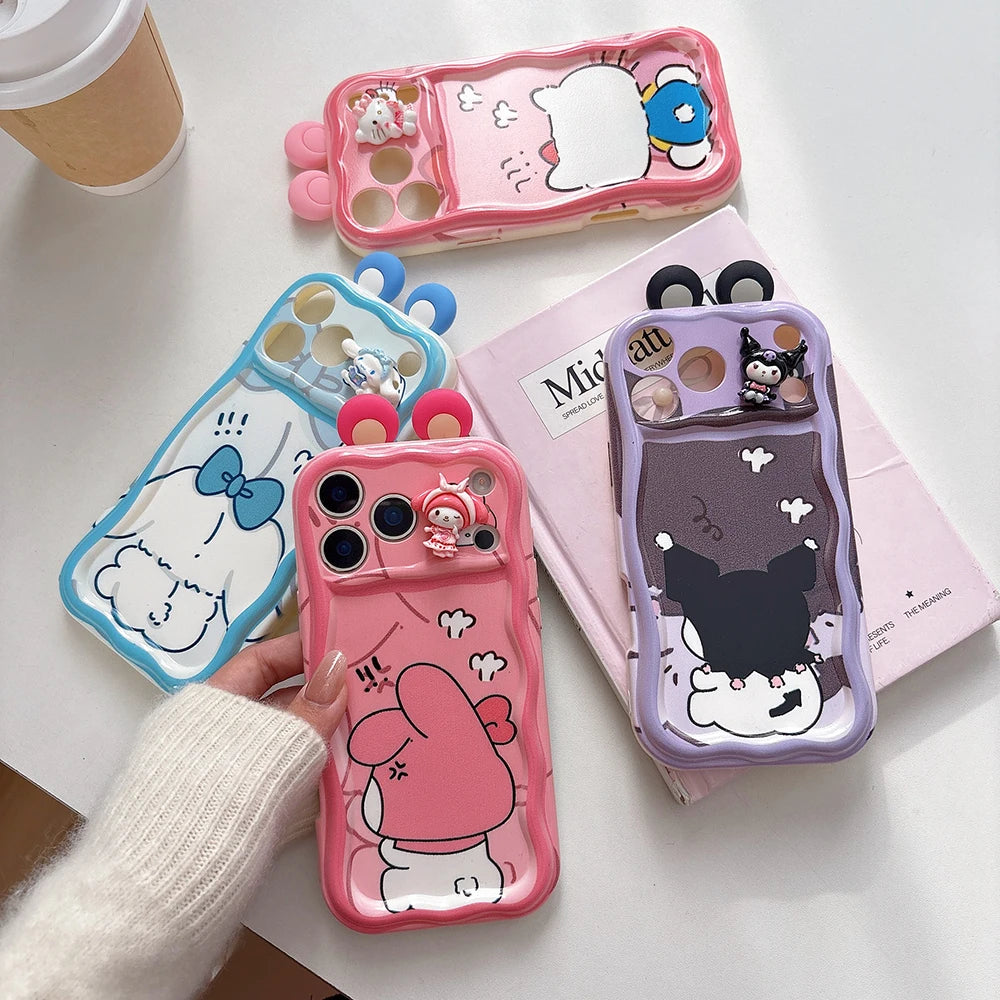 For iPhone 17 16Pro Max 16E 14 Plus 15 Pro 13 Mini 12 11 SE XR 7 8 Cute 3D Ear Toy Kitty Friend Cartoon Soft Wave Phone Case