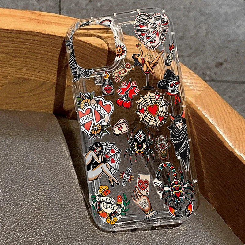 Vintage Tattoo Design Clear phone case For iPhone 17 16 15Pro Max 11 12 13 14Pro Plus Shockproof Funda Shell чехол на айфон