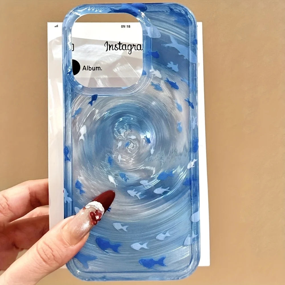 Transparent Blue Vortex Fish Water Ripple Pattern Case For iPhone 15 16 17 Pro Max 13 14 12 11 Glitter Cover With A Koi Pendant