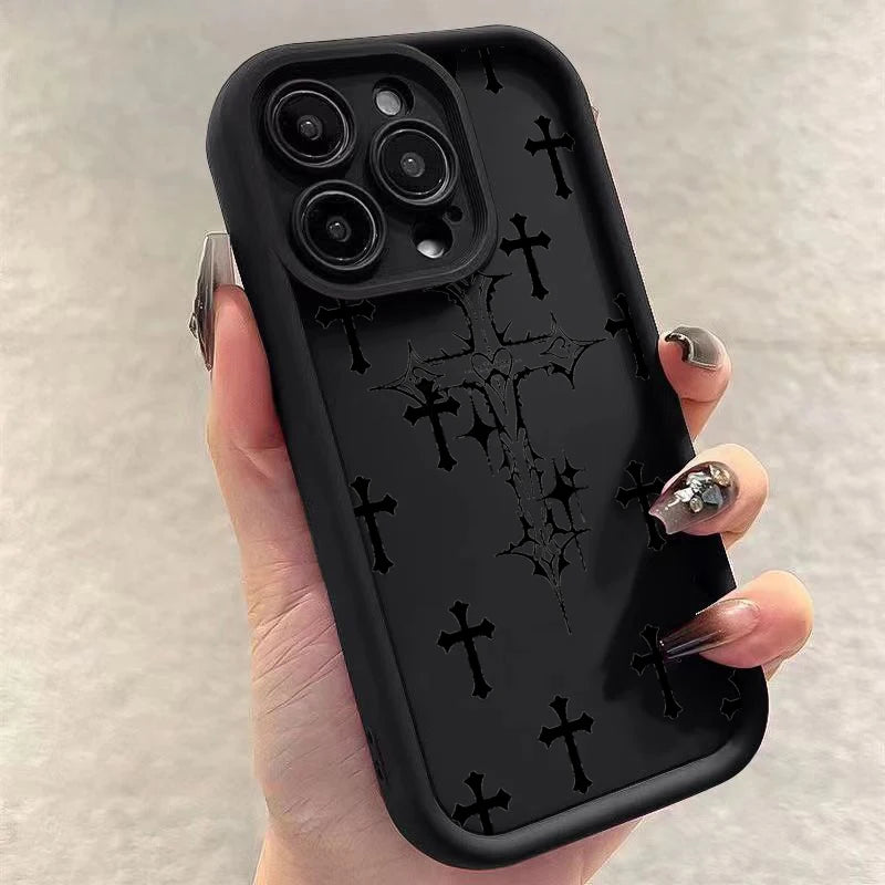 Black Cross Print Phone Case For iPhone 16 15 14 13 12 11 Pro Max X XS XR For iPhone 16E 7 8 15 16 Plus SE Shockproof Soft Cover