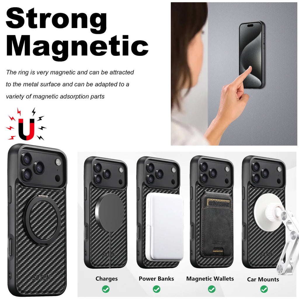 SUTENI Magnet Wireless Charging Mobile Phone Case 360° Rotating Stand Faux Leather Ring Buckle For iPhone 17 Pro Max 16 Plus 15
