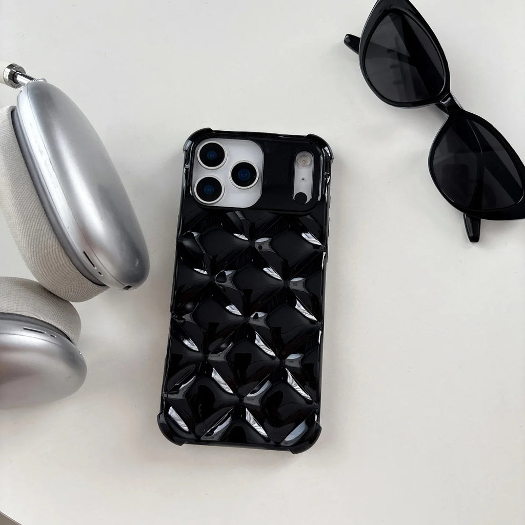 3D Rhombus Diamond Grid Pattern Phone Case For iPhone 17 Air 16 E 15 14 13 12 Mini 11 Pro Max Plus Glossy Shockproof Soft Cover
