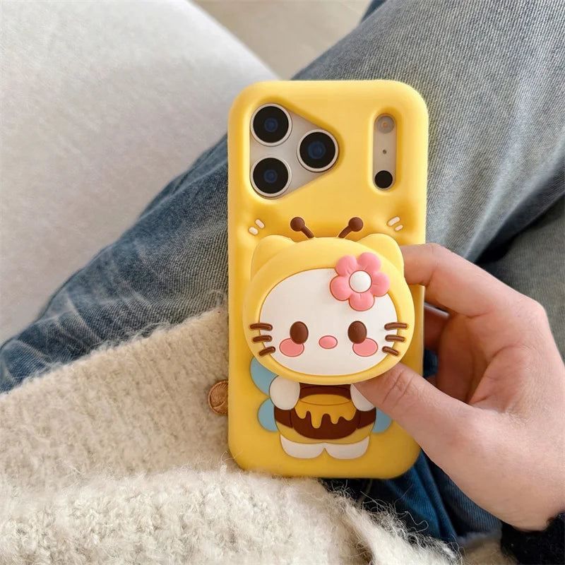 For iPhone 17 16 15 14 13 12 11 Pro Max Plus Sanrio Cute 3D Cartoon Bee Hello Kitty Phone Case Stand Holder Silicone Cover