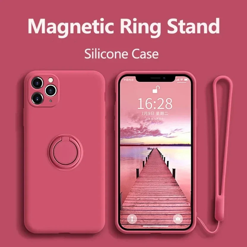 Liquid Silicone Case For iPhone 17 16 16e 15 13 Mini 14 12 11 Pro Max Plus Phone Holder Ring Stand Protect Cover Wrist Strap