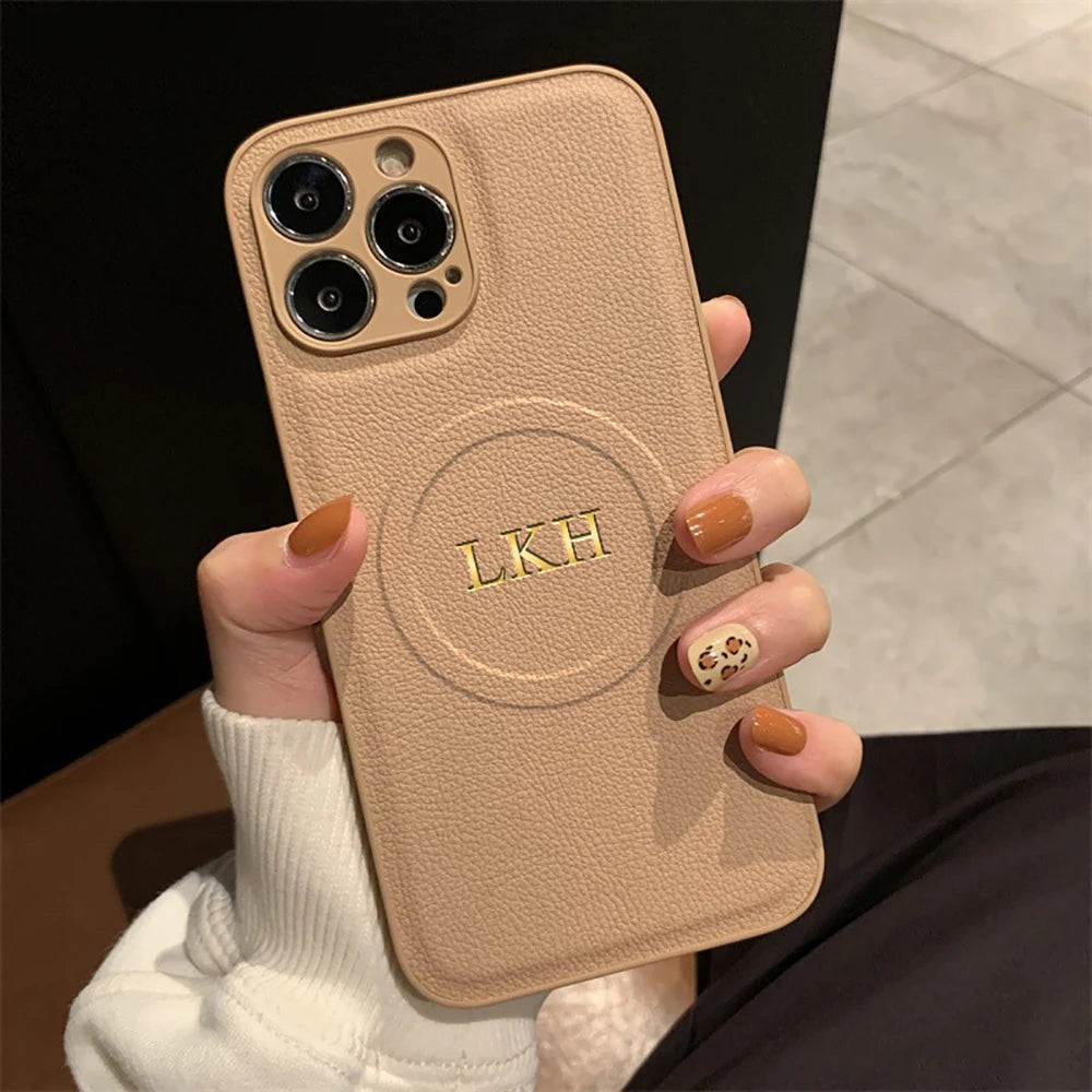 Personalized Case For iPhone 11 12 13 14 15 16 17 Pro Max Customized Initials Name Wireless Charging For Magsafe Leather Cover