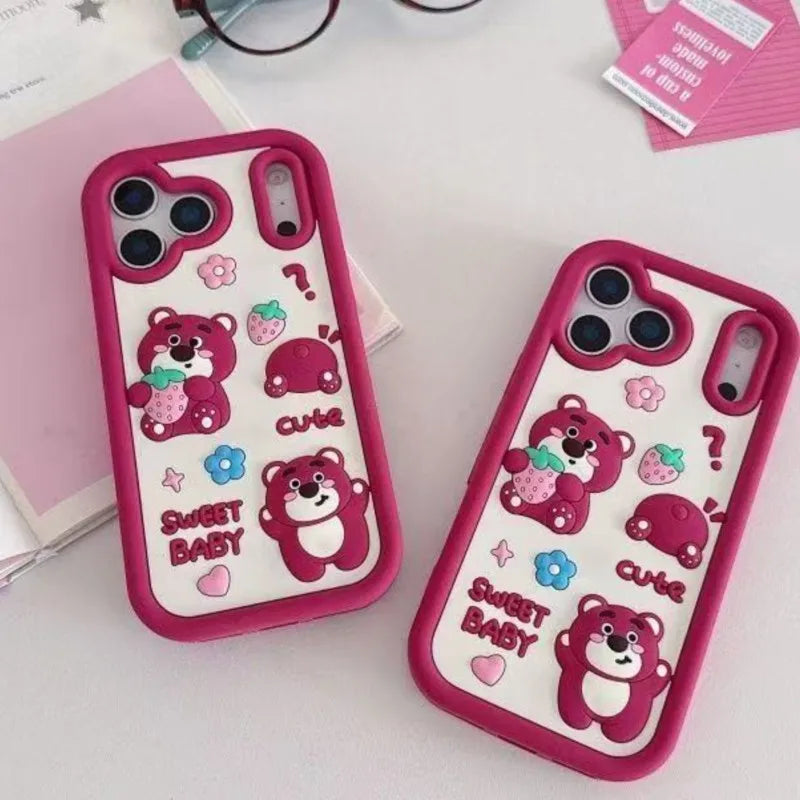 Cute 3D cartoon strawberry bear silicone phone case for iPhone 17 16 15 14 13 12 11 Pro Max xsmax XS 7 8 Plus protective case