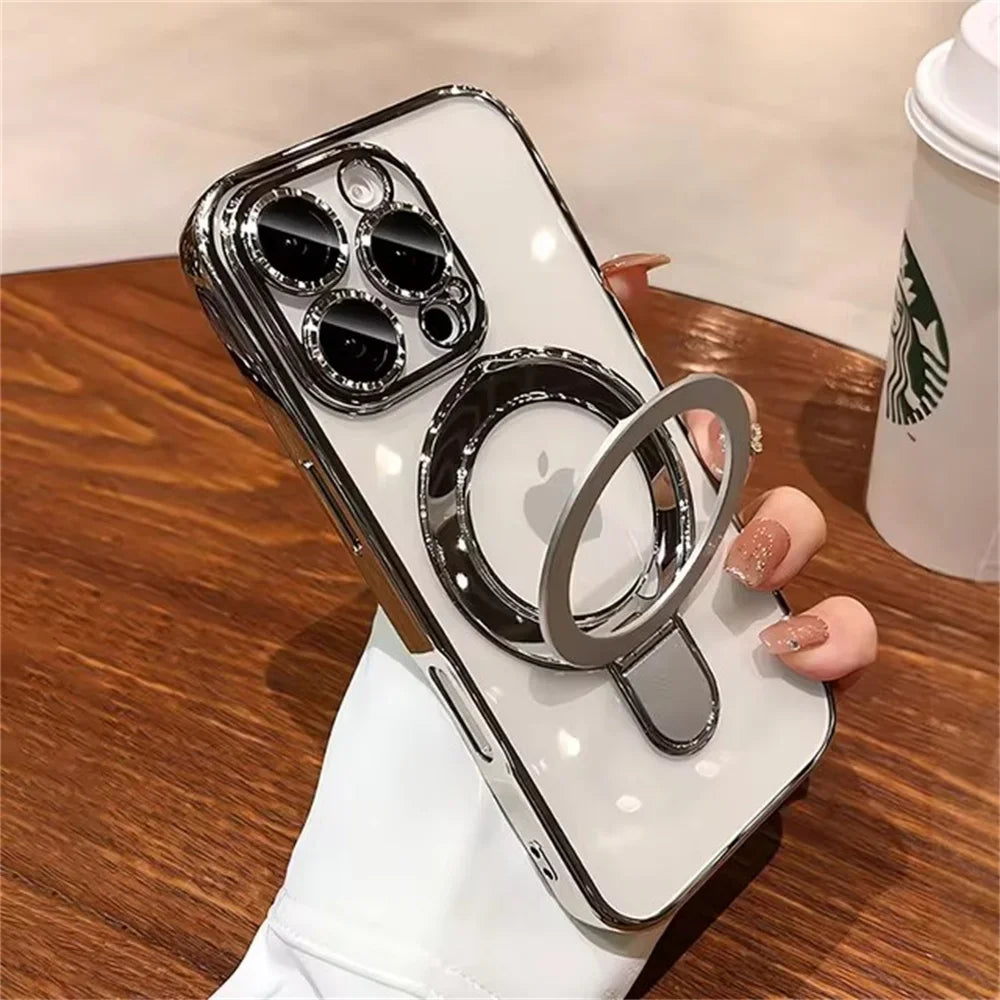 Luxury For Magsafe Bracket Case For iPhone 16 15 14 13 12 11 17 Pro Max 15 Plus Magnetic Ring Stand Holder Clear Acrylic Cover