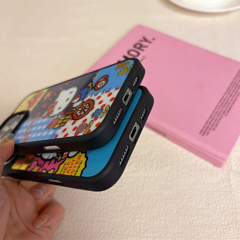 Hello Kitty Magnetic Case for iPhone 13 14 15 16 Pro Max with Popcorn & Bicycle Design, Metallic Glitter Shockproof Phone Cover