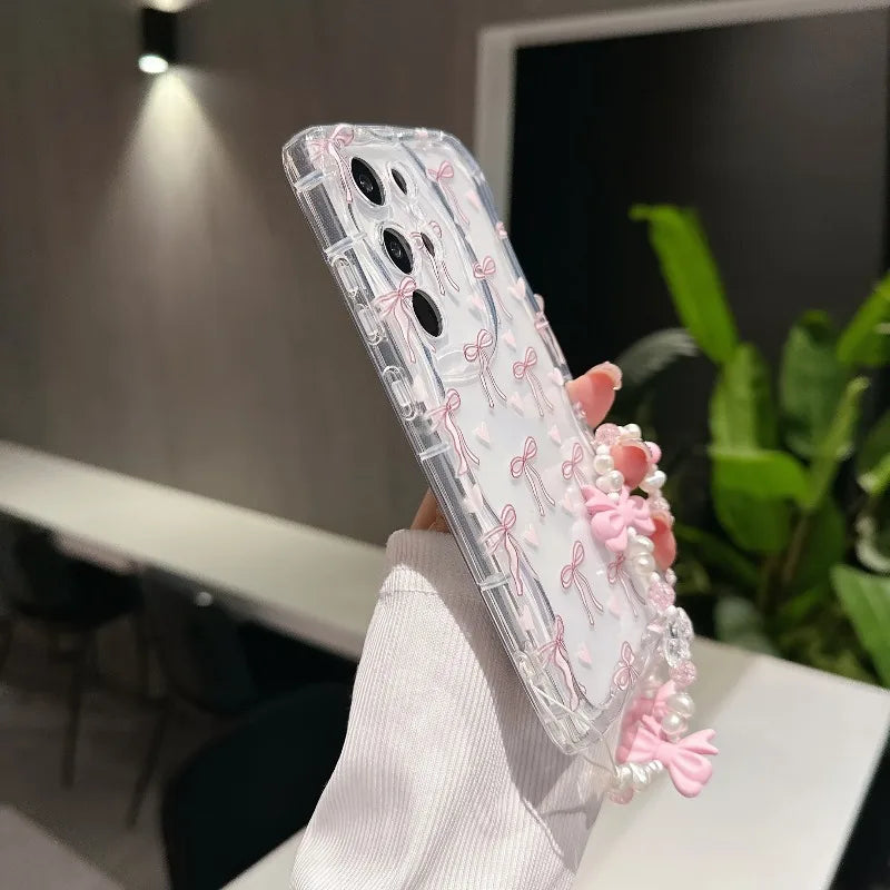 Cute Pink Bowknot Phone Case For iPhone 17 Air 16 15 14 13 12 11 Pro Max 7 8 Plus 16E XR X XS Max Shockproof Transparent Cover