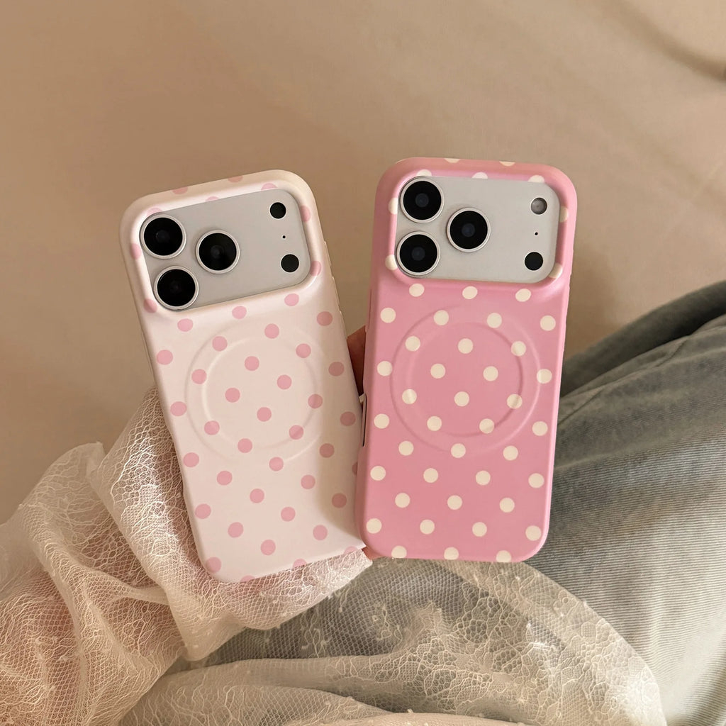 Korean Full Screen Polka Dots Pattern Magnetic Phone Case For iPhone 17 16 15 14 Pro Max Wireless Charging Shockproof Soft Cover